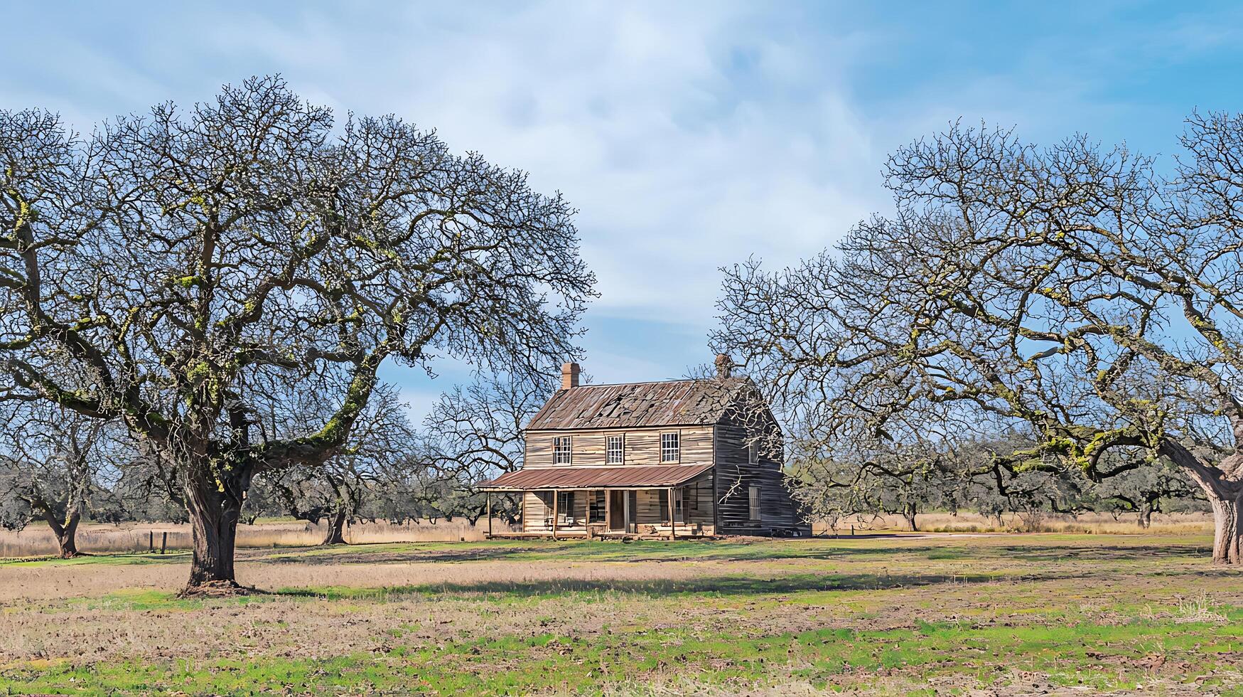 Old weathered wooden farmhouse framed by ancient mossy trees under a blue sky. photo