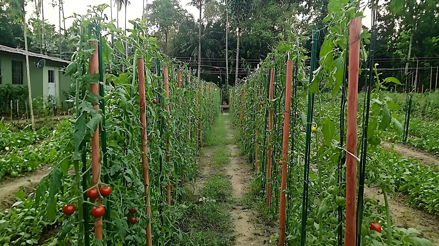 Rows of Ripe Red Tomatoes Growing Tall on Wooden Stakes photo