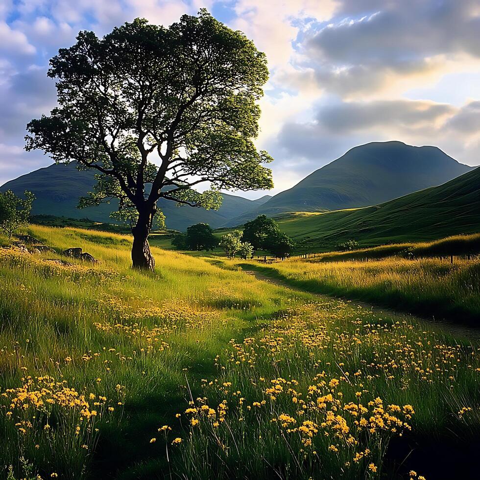 Scenic Countryside Path Through Wildflowers and Rolling Hills photo