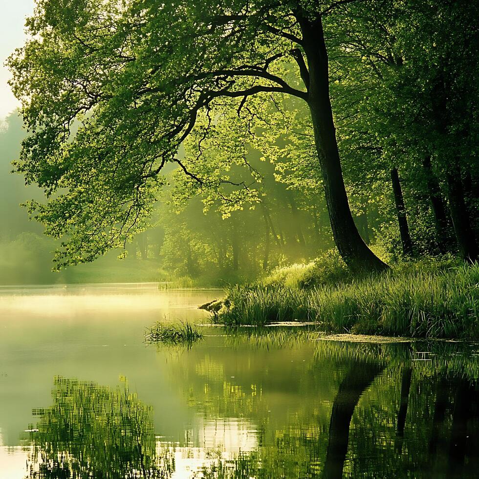 Serene Morning Mist Shimmers Over a Peaceful Lakeside Forest Scene. photo