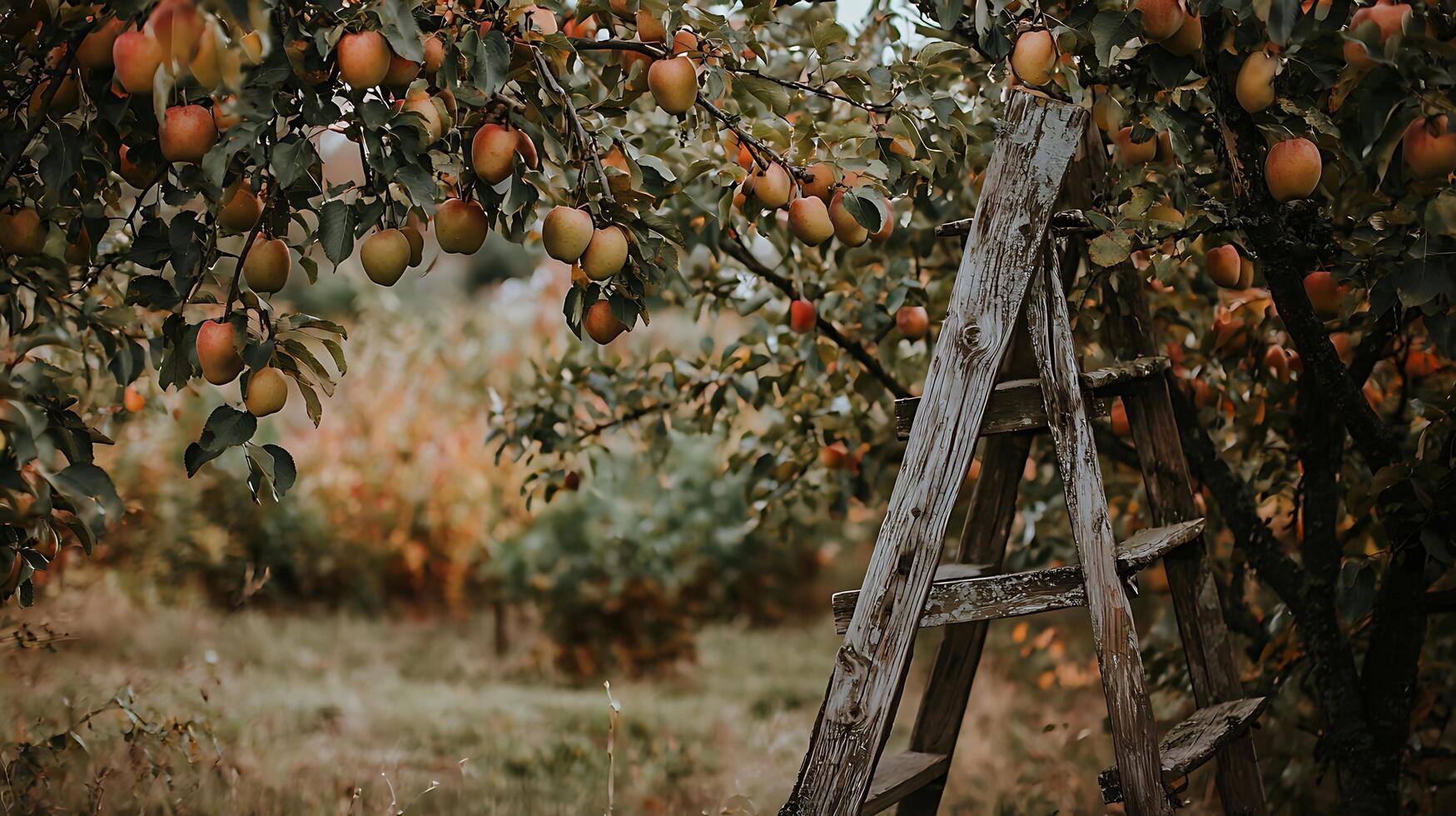 Ripe Apples on a Tree Branch with a Rustic Wooden Ladder. photo