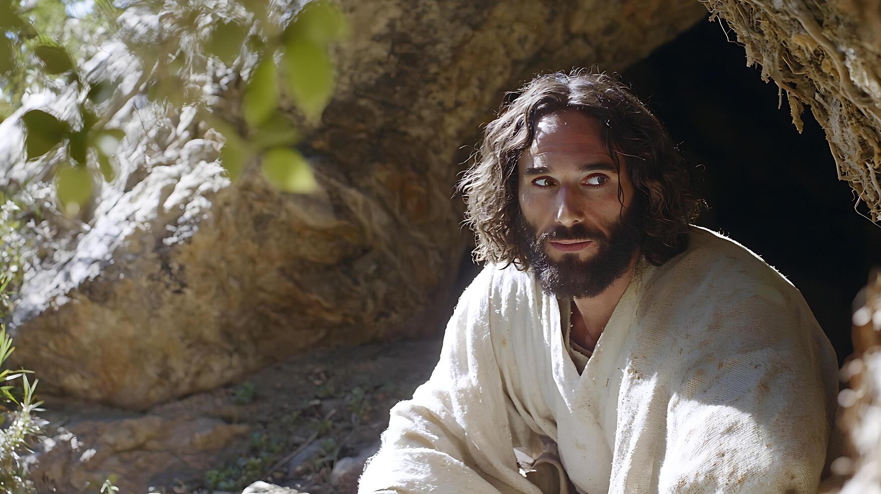 Man emerging from cave, ancient story, divine hope. photo