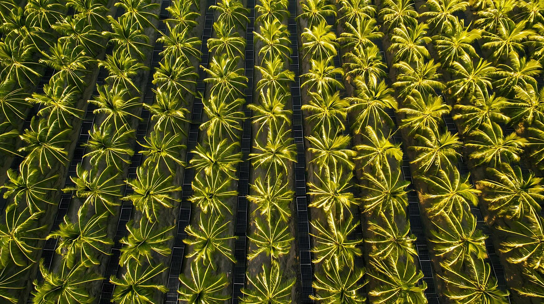 Aerial View of a Lush Palm Tree Plantation Bathed in Golden Sunlight. photo