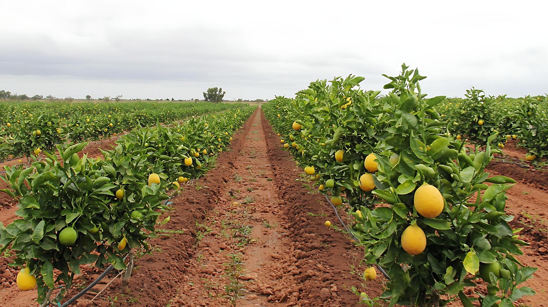 Rows of ripe yellow lemons on trees in a sunny orchard field. photo