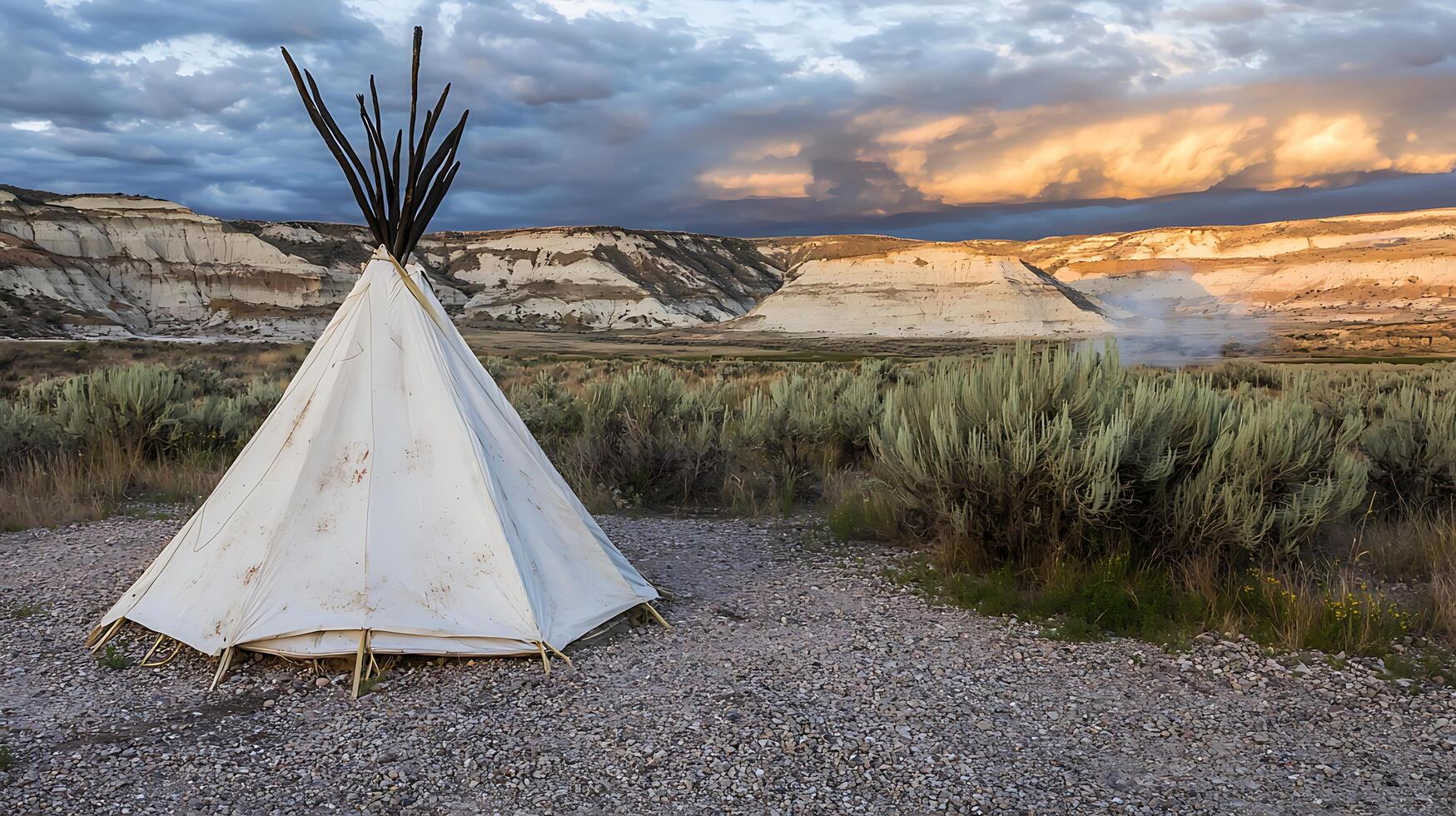 Lone Teepee Stands Against Dramatic Sunset Sky in Vast Desert Landscape. photo