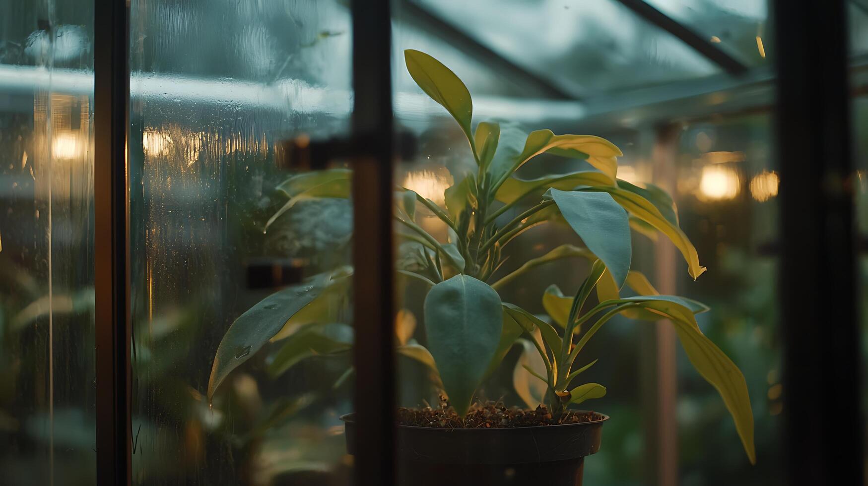 Potted Plant in Greenhouse on Rainy Day with Warm Lights. photo
