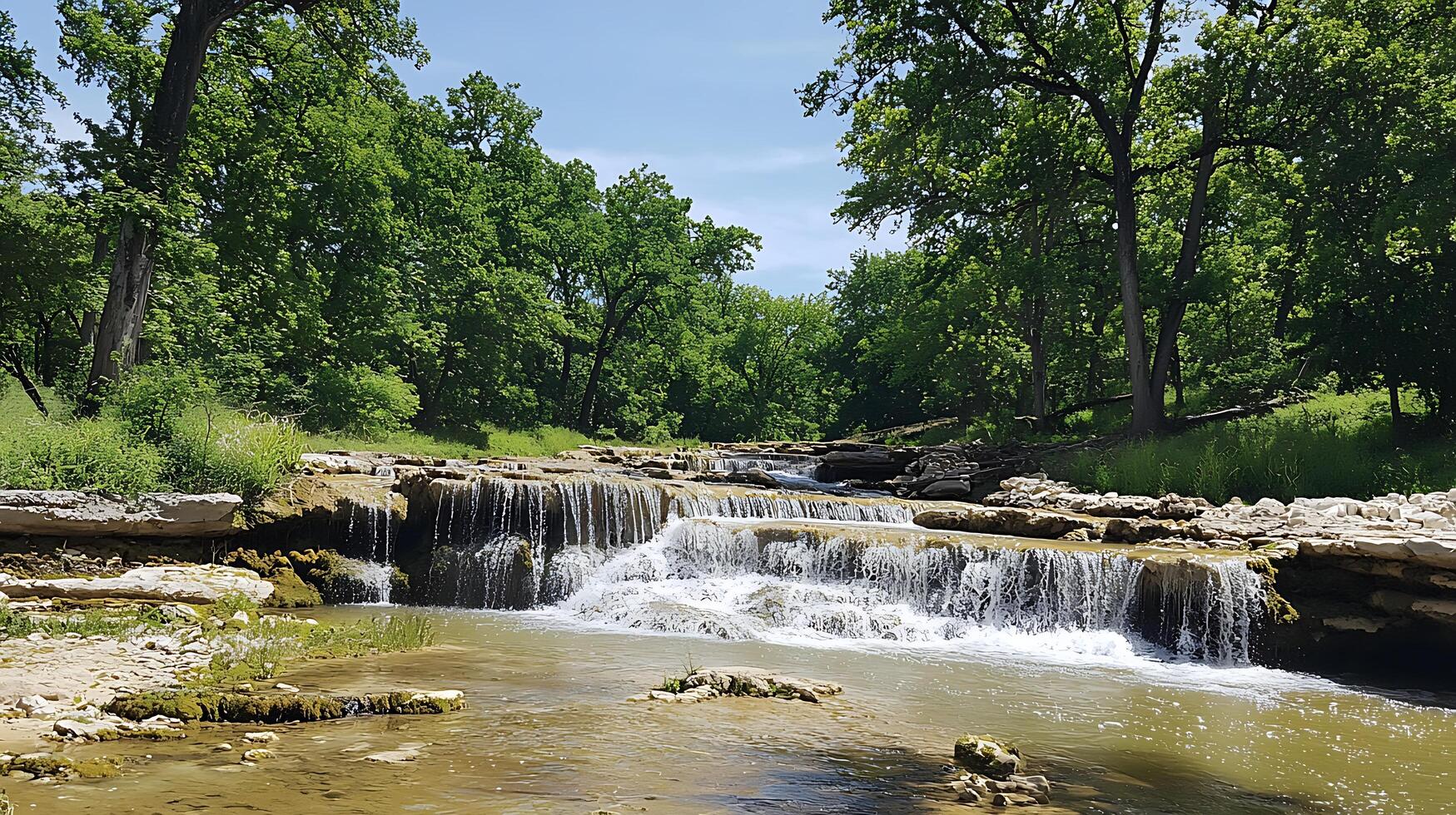 Serene Woodland Waterfall Cascades Through Lush Green Trees. photo