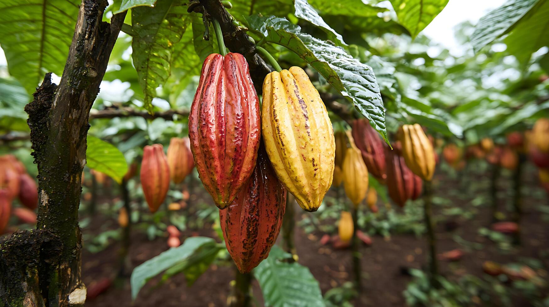 Vibrant Cacao Pods Grow in a Lush Tropical Plantation Showing Ripe Colors. photo