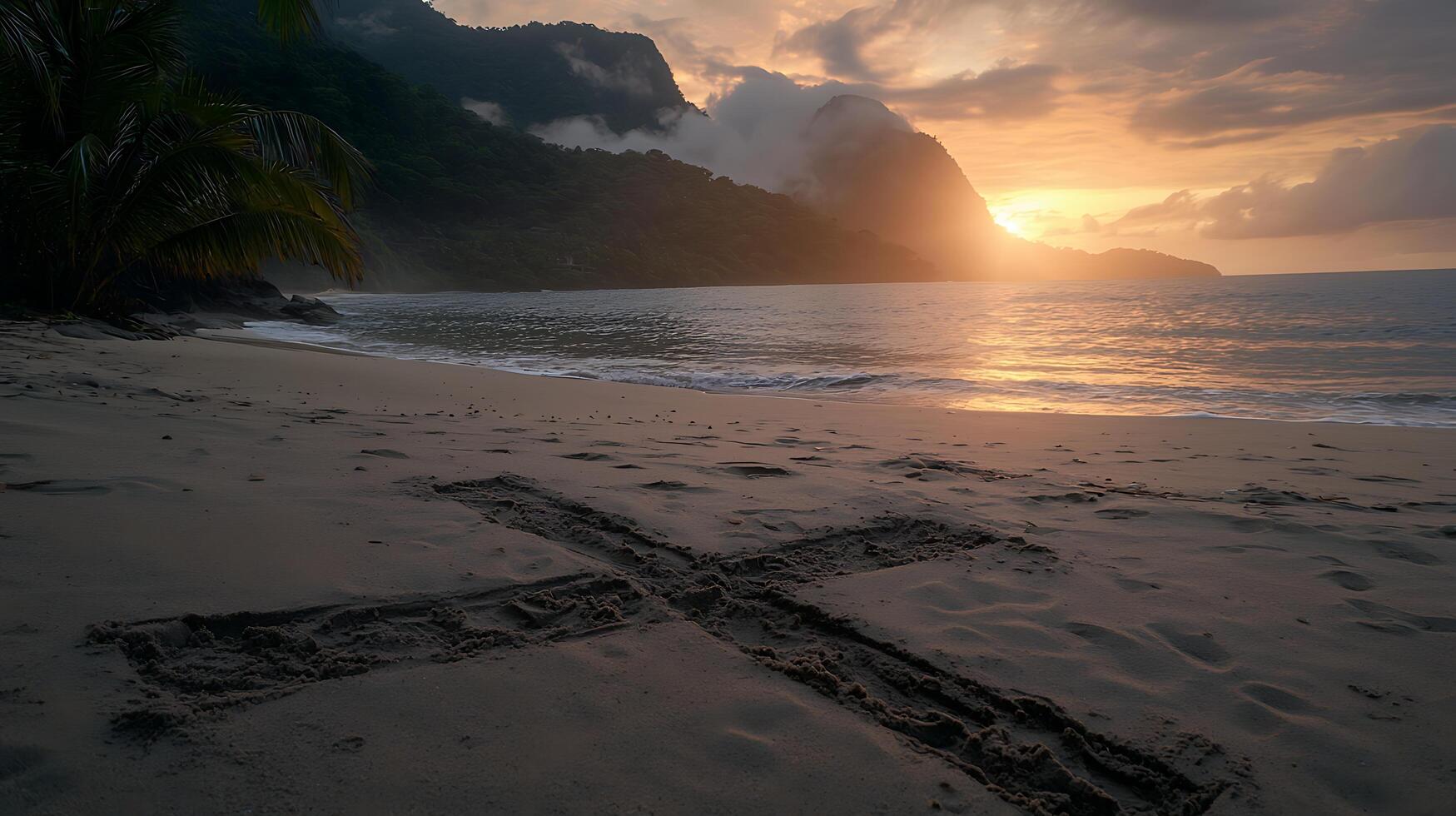 Sunrise Over Tropical Beach With Sand Cross Art photo