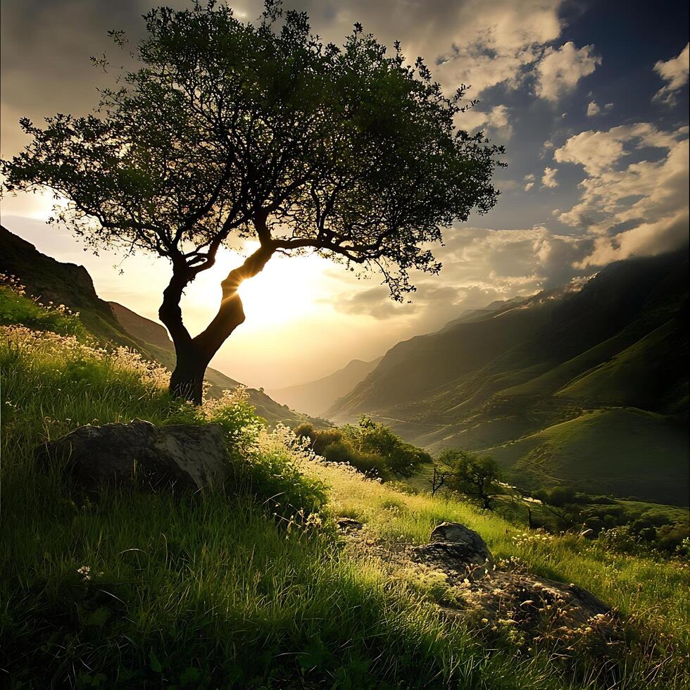 Majestic mountain landscape with a solitary tree at sunset. photo