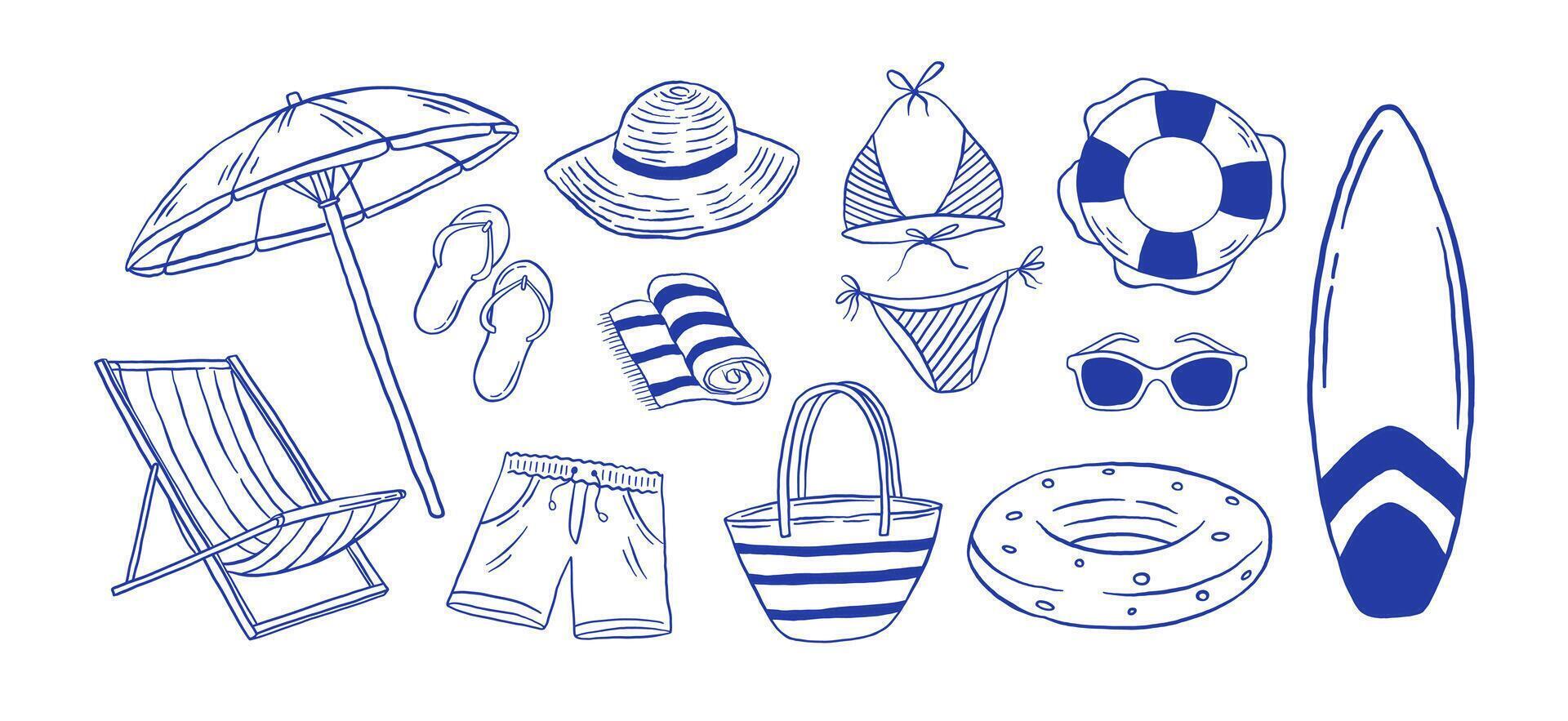 Hand-drawn summer beach accessories and activity illustration. Doodle icons of surfboards, chairs, umbrellas, bikinis, swimwear, sun hats, inflatables, and lifebuoys. Vacation set. vector