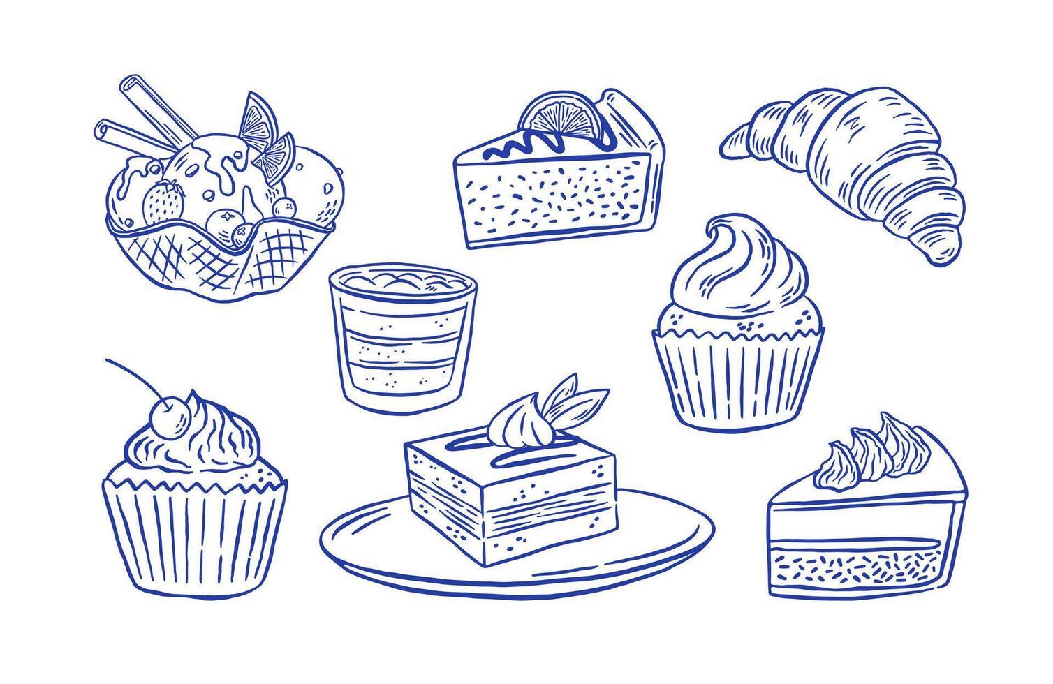 Hand draw cakes illustration. Doodle ice cream, muffin, croissant, cheesecake, cupcake set. Fresh bakery, sweet dessert in sketch style vector