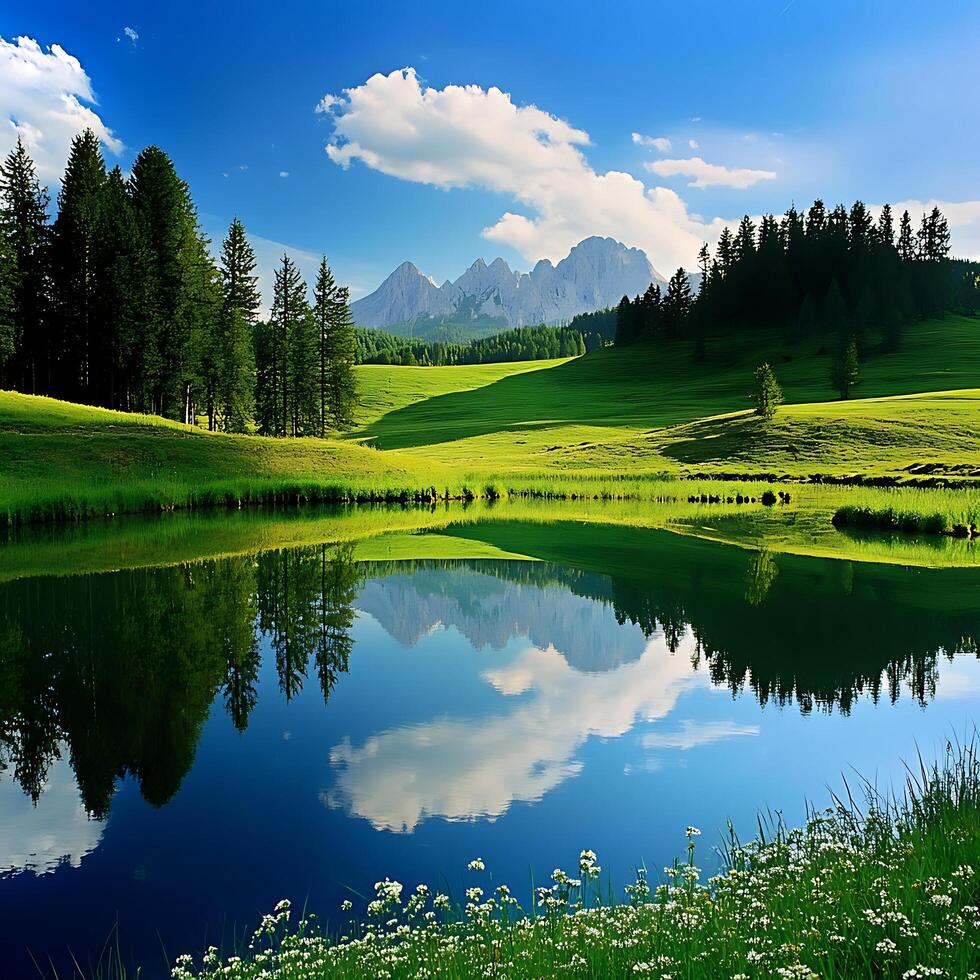 Serene Mountain Lake Reflects Blue Sky, Green Hills and Tall Pines. photo