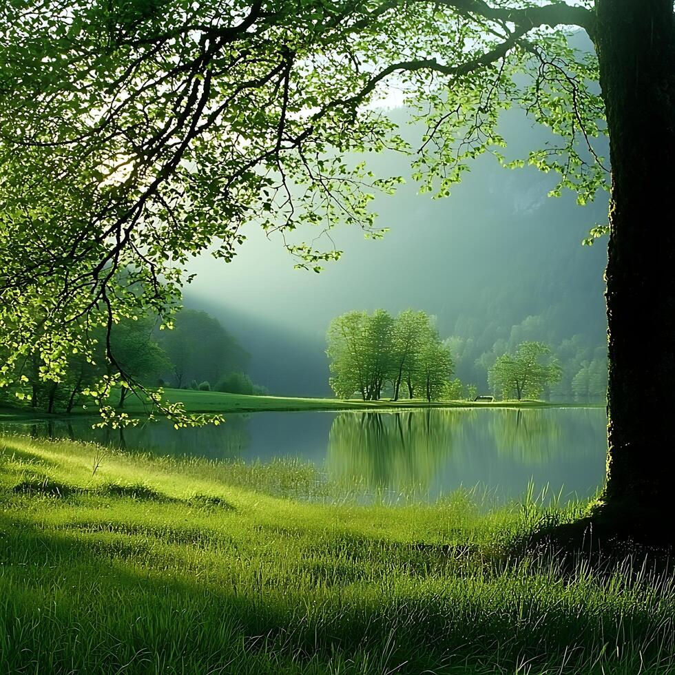 Serene Lake Scene with Sunlight Through Lush Green Trees and Grass photo