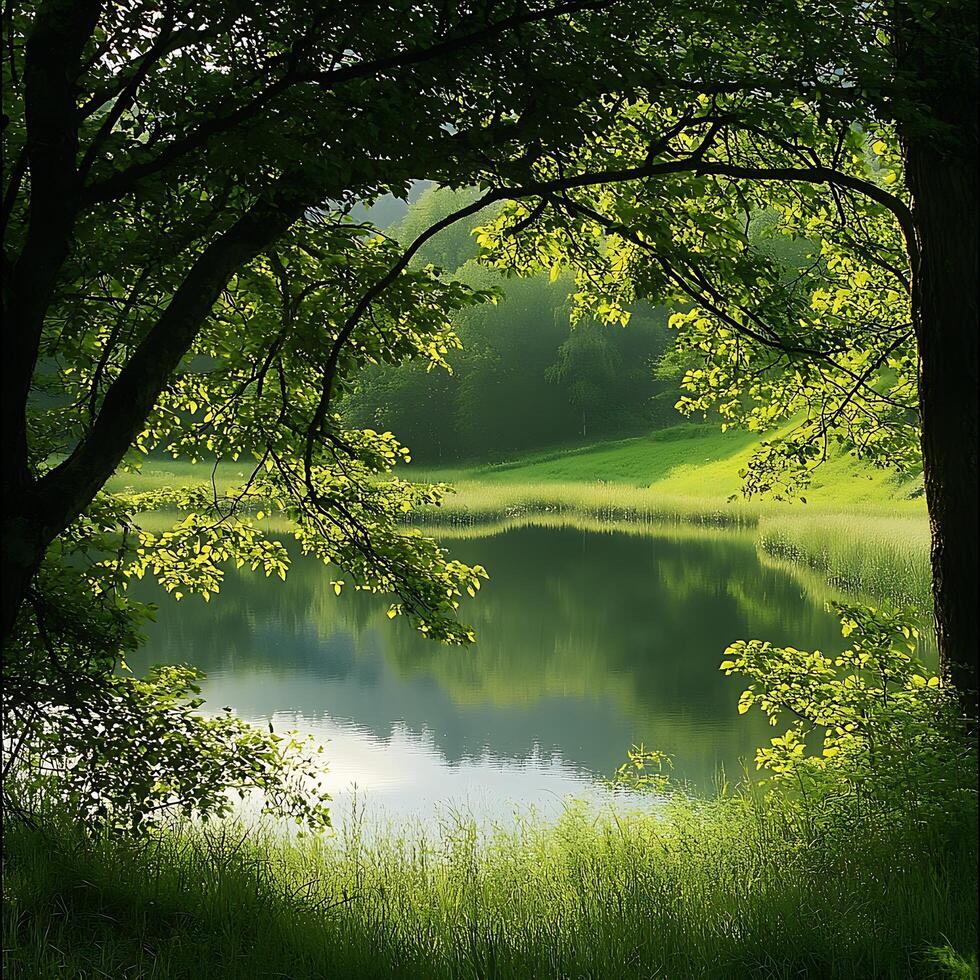Tranquil Forest Scene with Glowing Green Leaves and Reflecting Water. photo