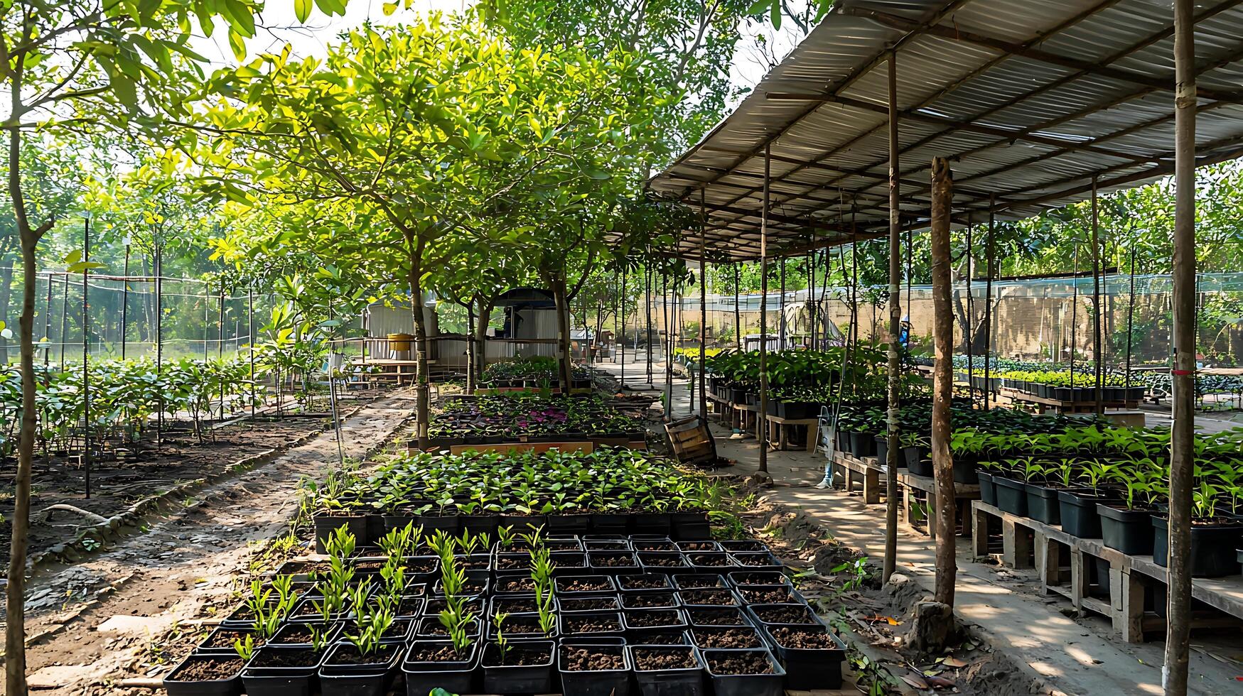Nursery plants growing in rows under a shaded structure. photo