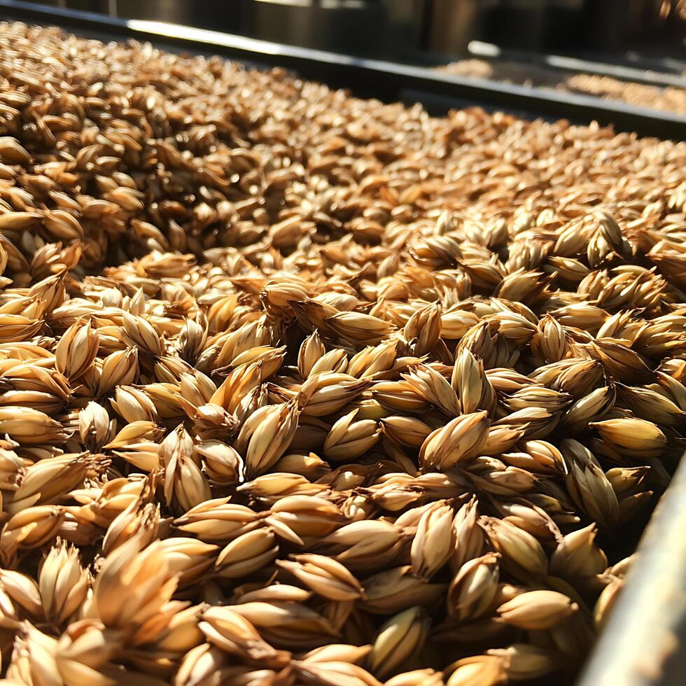 Textured Close Up of Golden Malted Barley Grains in Sunlight. photo