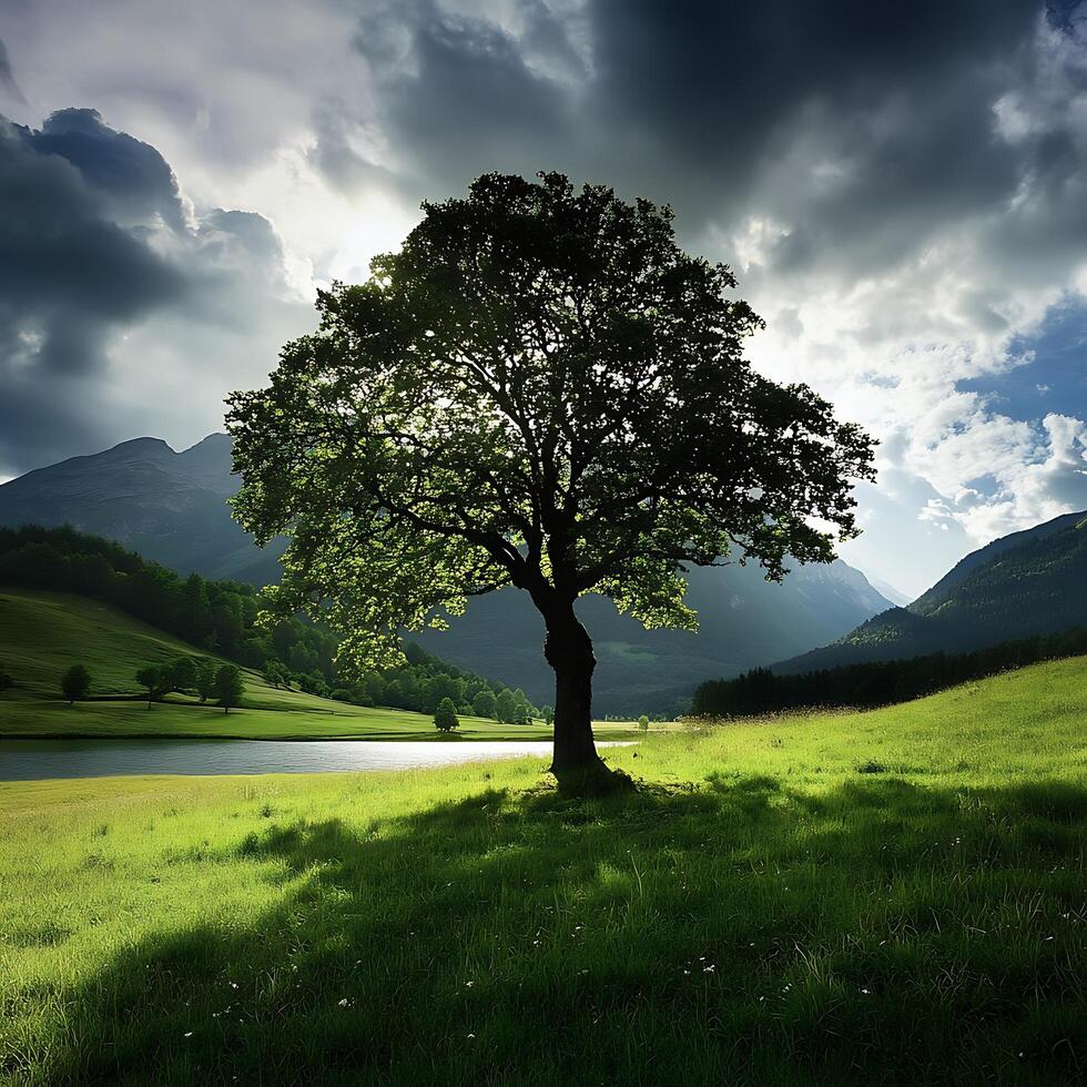 Majestic Lone Tree Bathed in Dramatic Sunlight Over a Serene Lake. photo