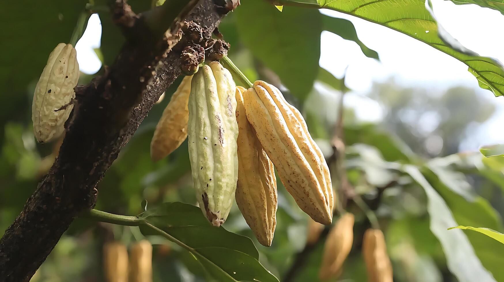 Fresh Cacao Pods Hanging on a Branch in Soft Sunlight. photo
