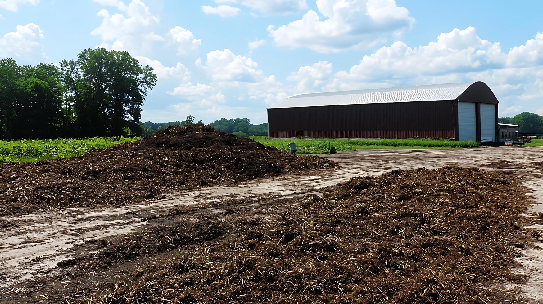 Farmyard compost piles under a bright blue sky with fluffy clouds. photo