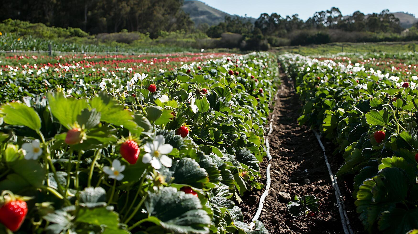 Rows of Ripe Strawberries and White Flowers at a Farm Field. photo