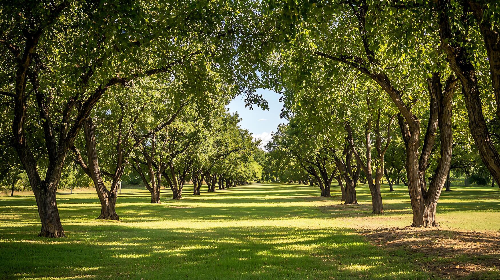 Serene Tree Lined Park Pathway Bathed in Golden Sunlight. photo