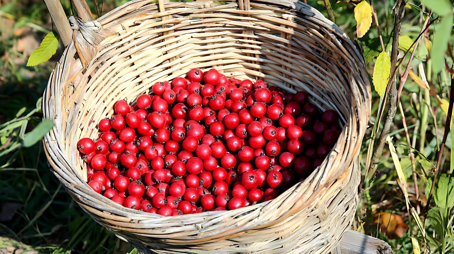 Abundant Red Berries Filling a Woven Basket in Nature. photo