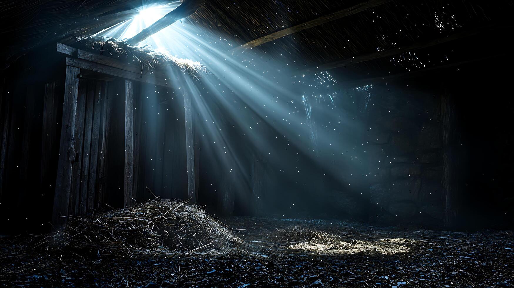 Sunlight Streams Through a Rustic Barn, Illuminating Floating Dust Particles. photo
