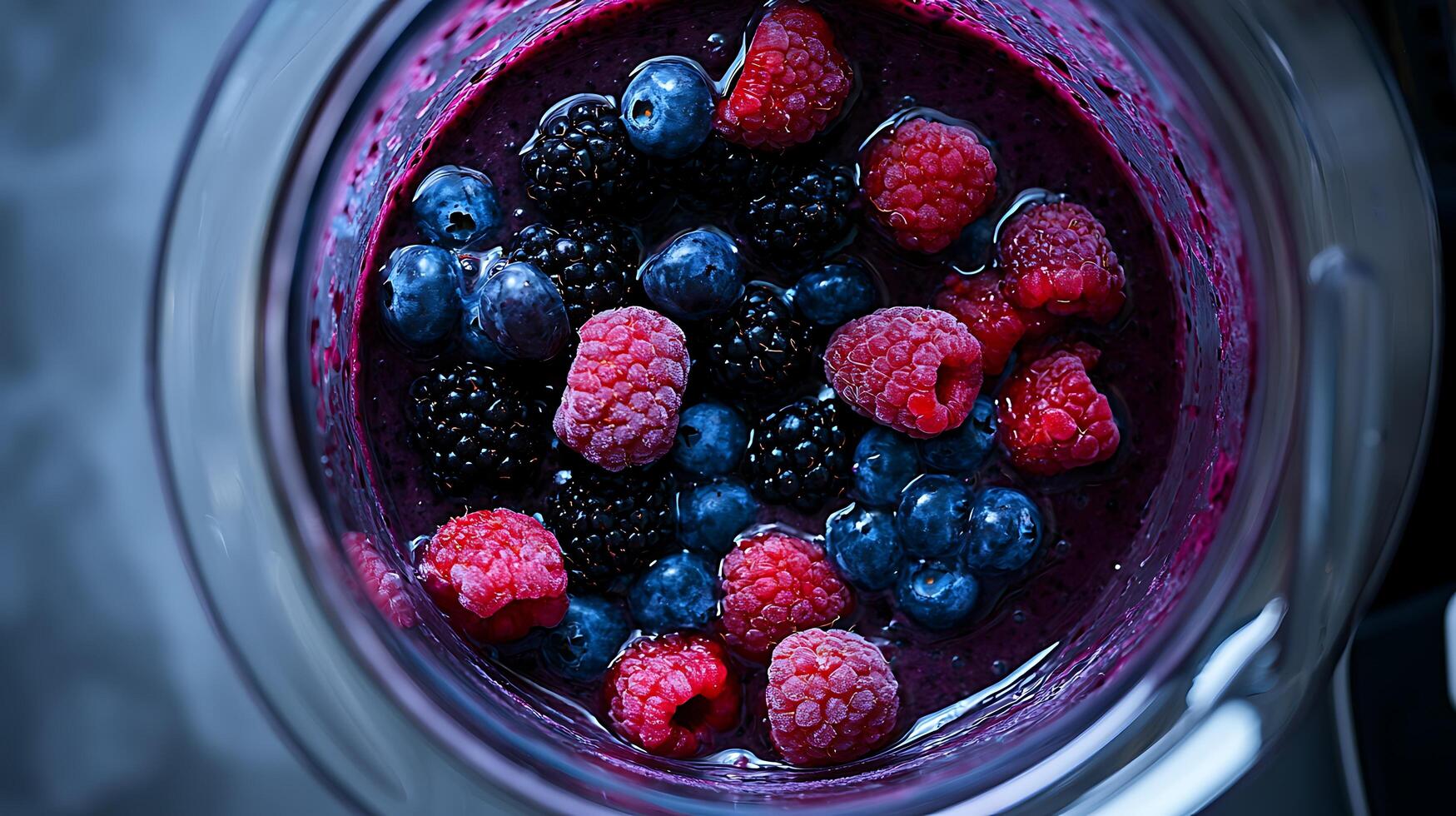 Vibrant Berry Smoothie in a Blender Close Up, Healthy Drink Preparation. photo