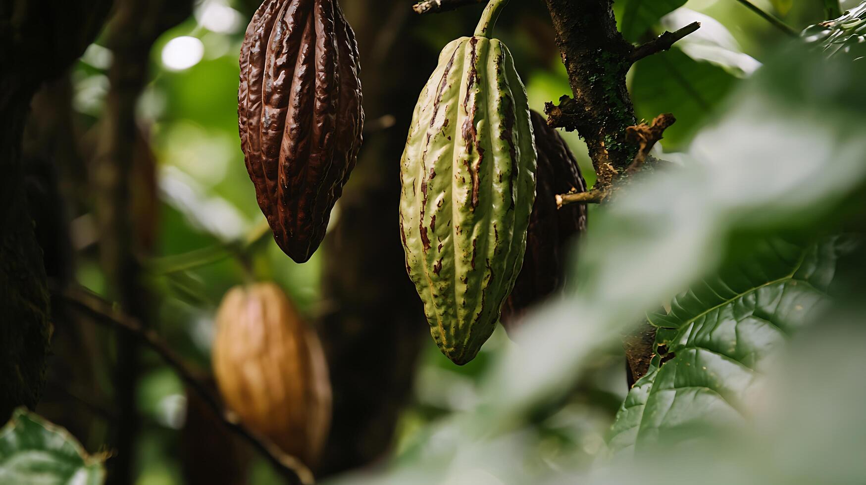 Ripening Cacao Pods on a Tree Branch with Lush Green Foliage. photo