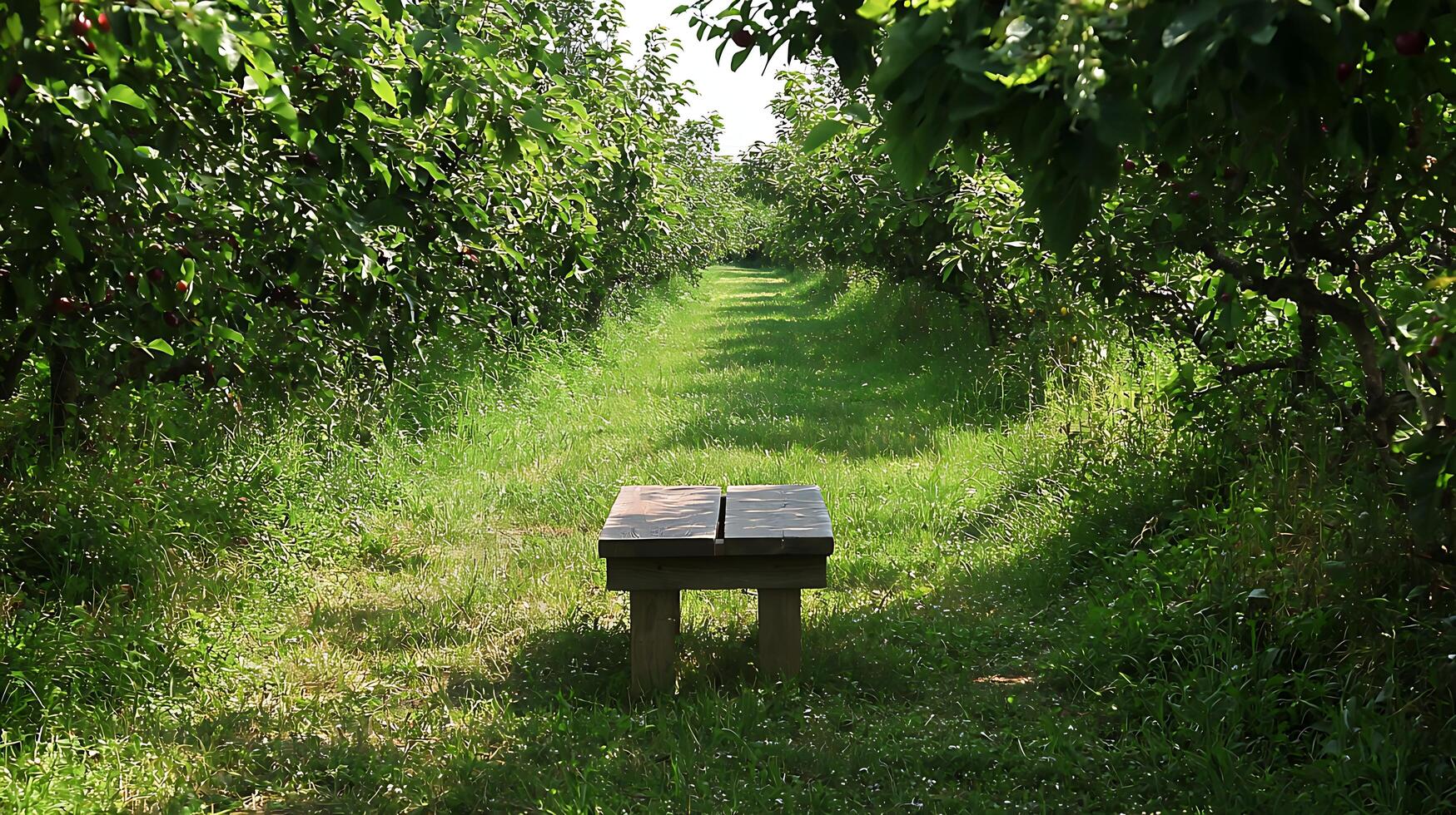A Peaceful Bench Awaits Amongst Cherry Blossoms in Summer. photo