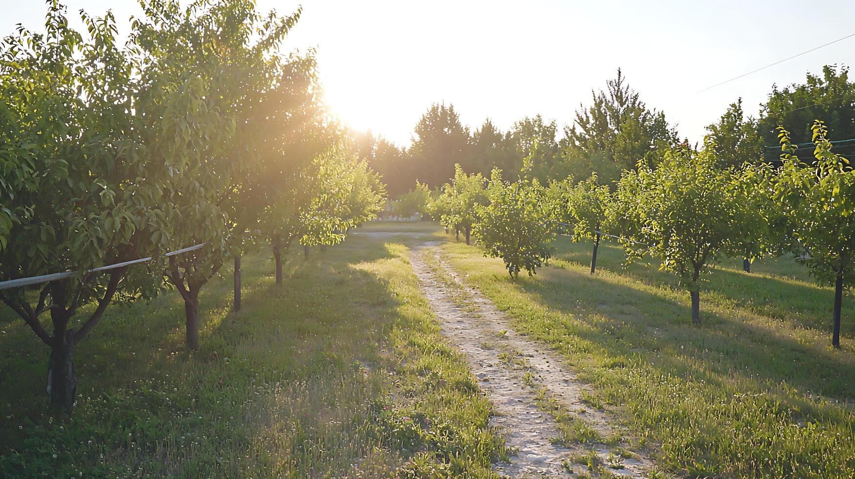 Sunlight Streams Through Orchard Trees Onto A Country Path. photo