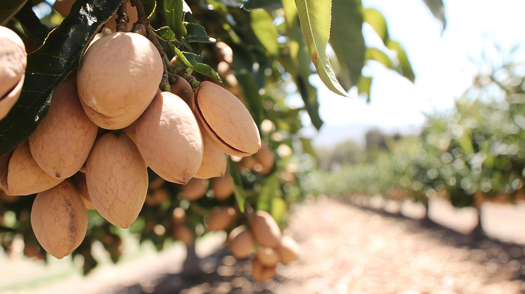 Ripe Almonds Hanging on a Tree Branch in an Orchard Under Sunlight. photo