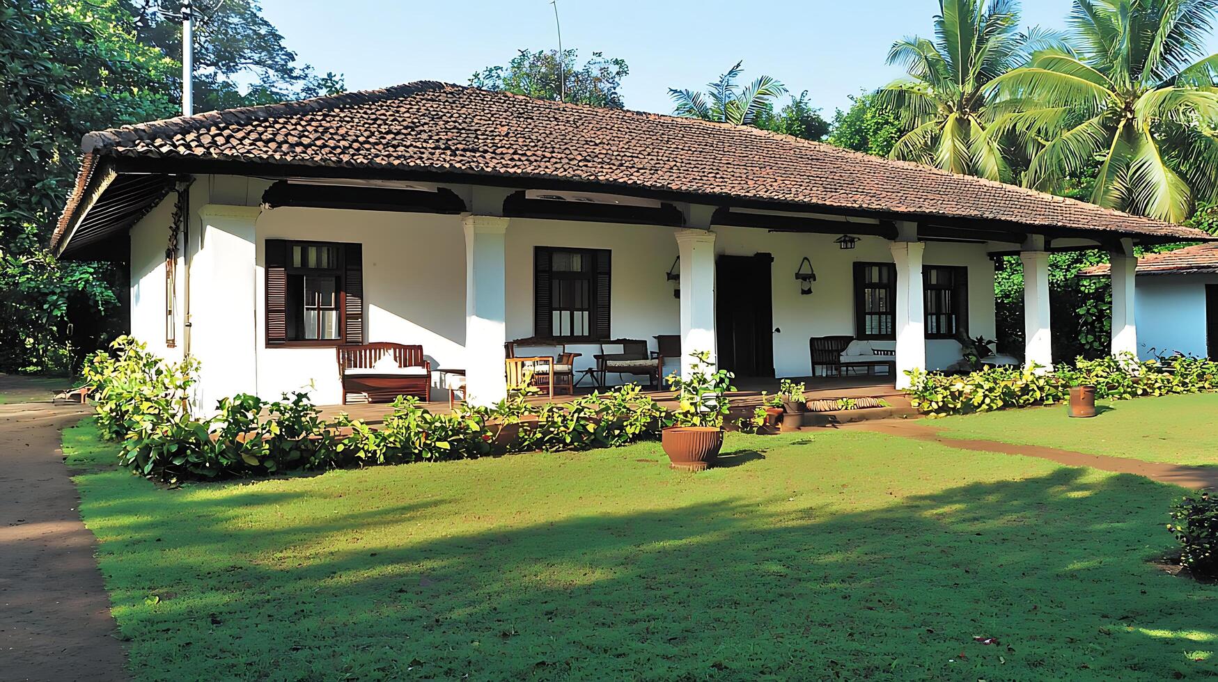 Tropical Villa With Shady Porch And Lush Green Garden Awaiting Visitors. photo
