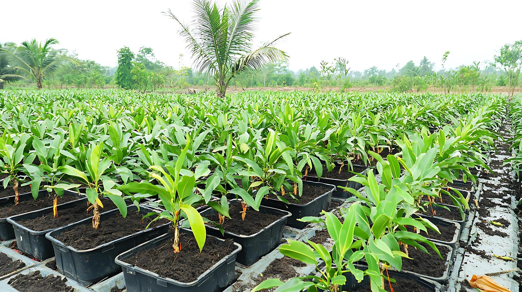 Rows of Green Plants in Pots at a Tropical Nursery photo
