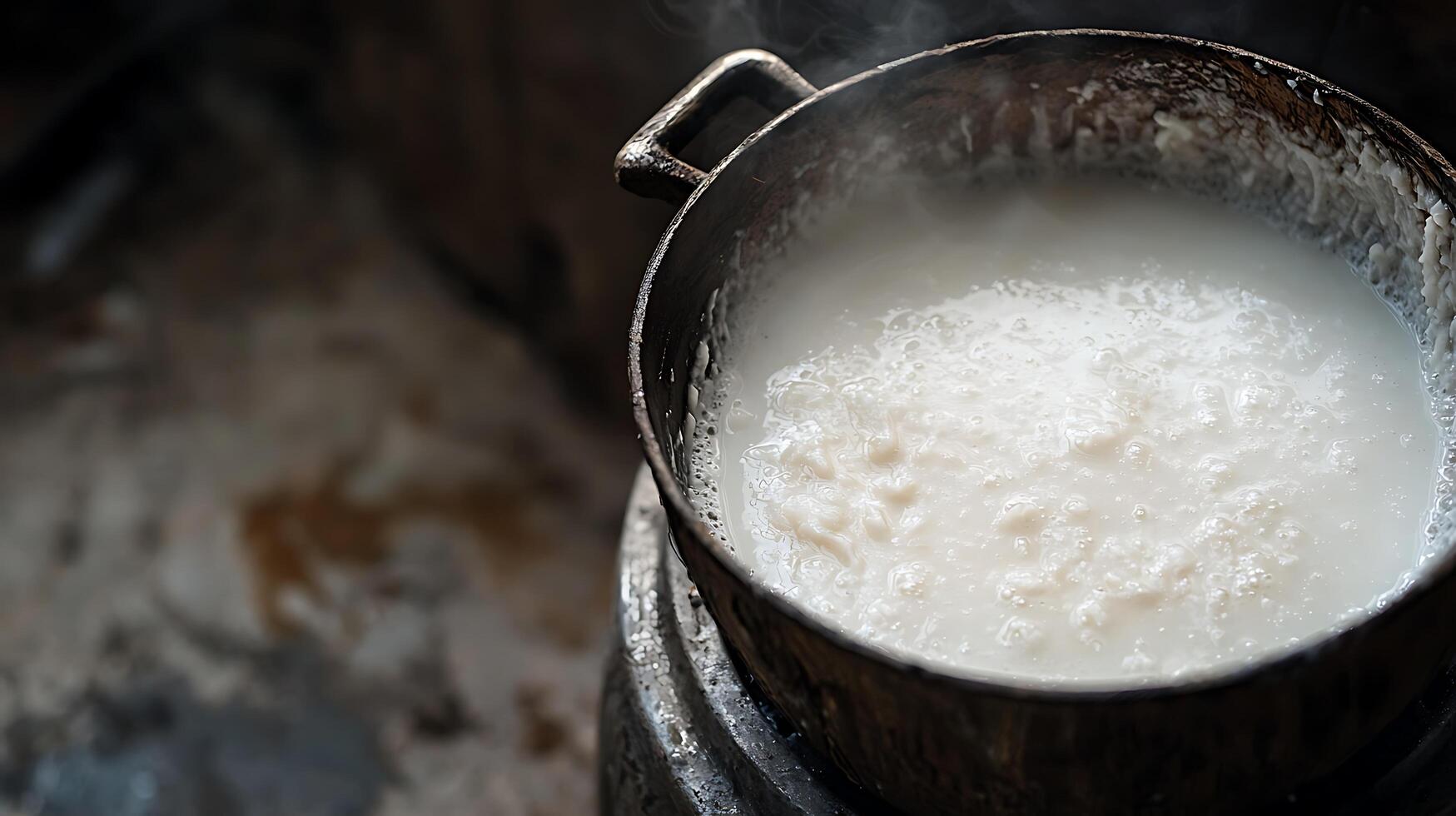 Rustic Pot Simmering White Liquid Emitting Soft Steam. photo
