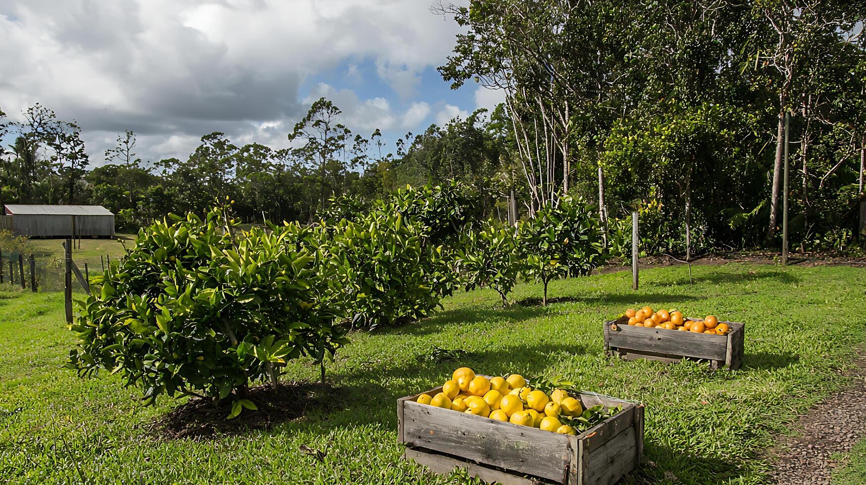 Fresh Citrus Harvest in Wooden Crates at an Orchard. photo