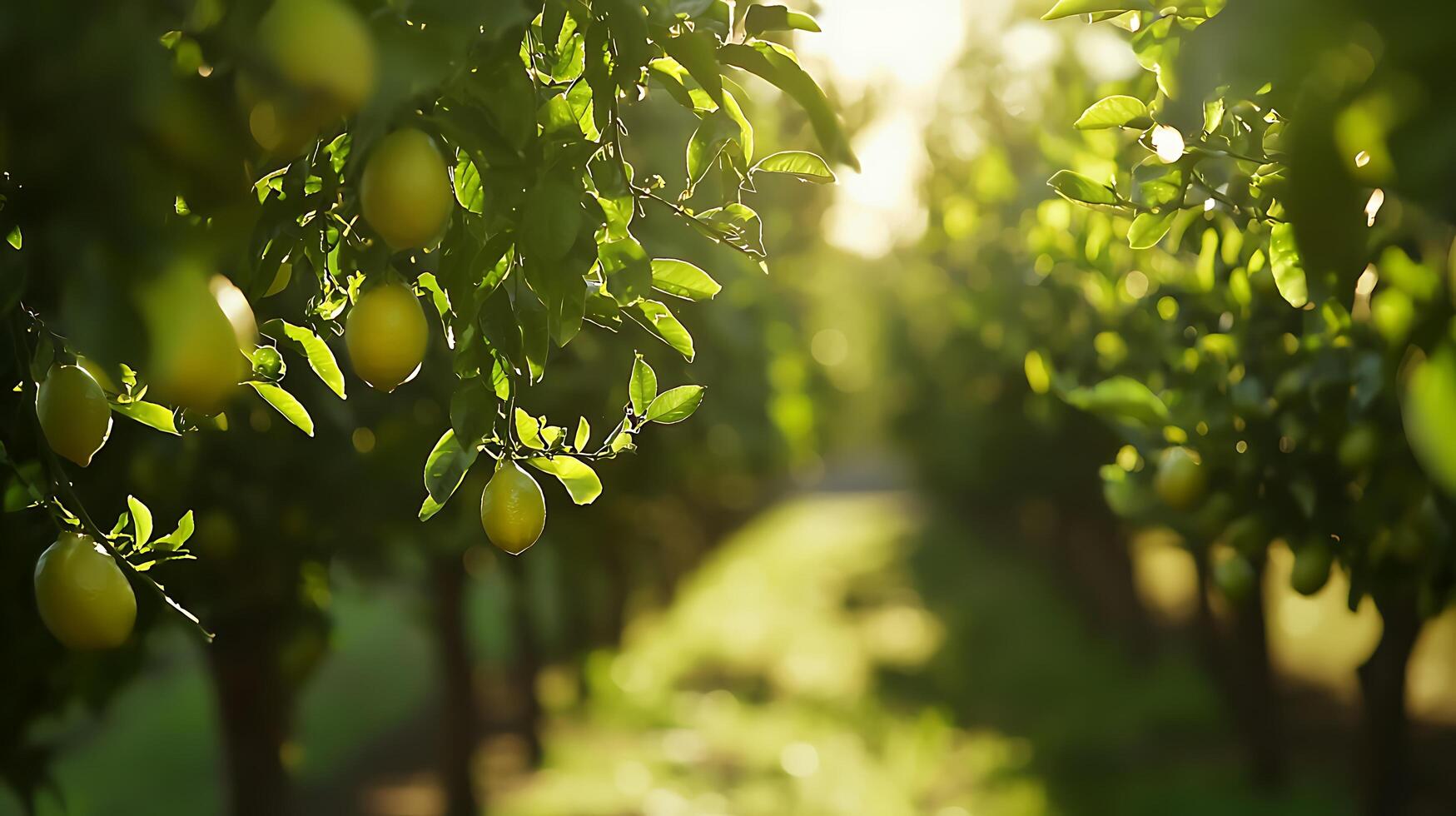 Ripe Lemons Hanging on a Branch Bathed in Golden Sunlight. photo