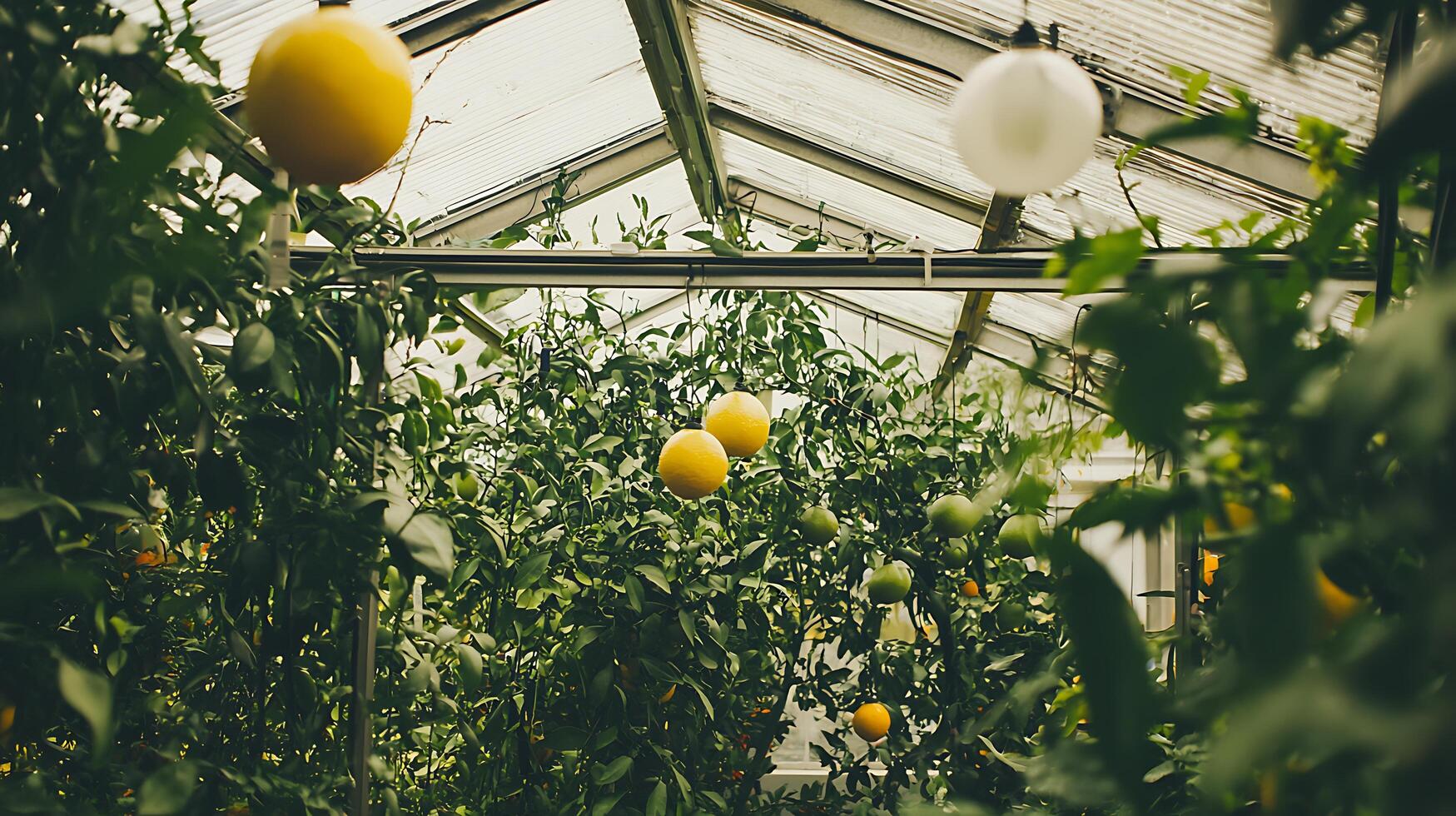 Lush Citrus Grove Inside a Sunlit Greenhouse Filled with Oranges. photo