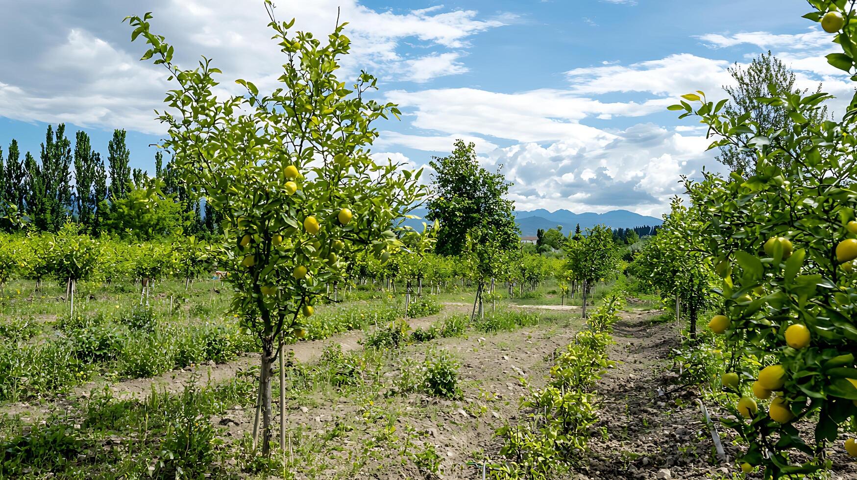 Lush Lemon Grove Blooming Under a Beautiful Cloudy Sky. photo