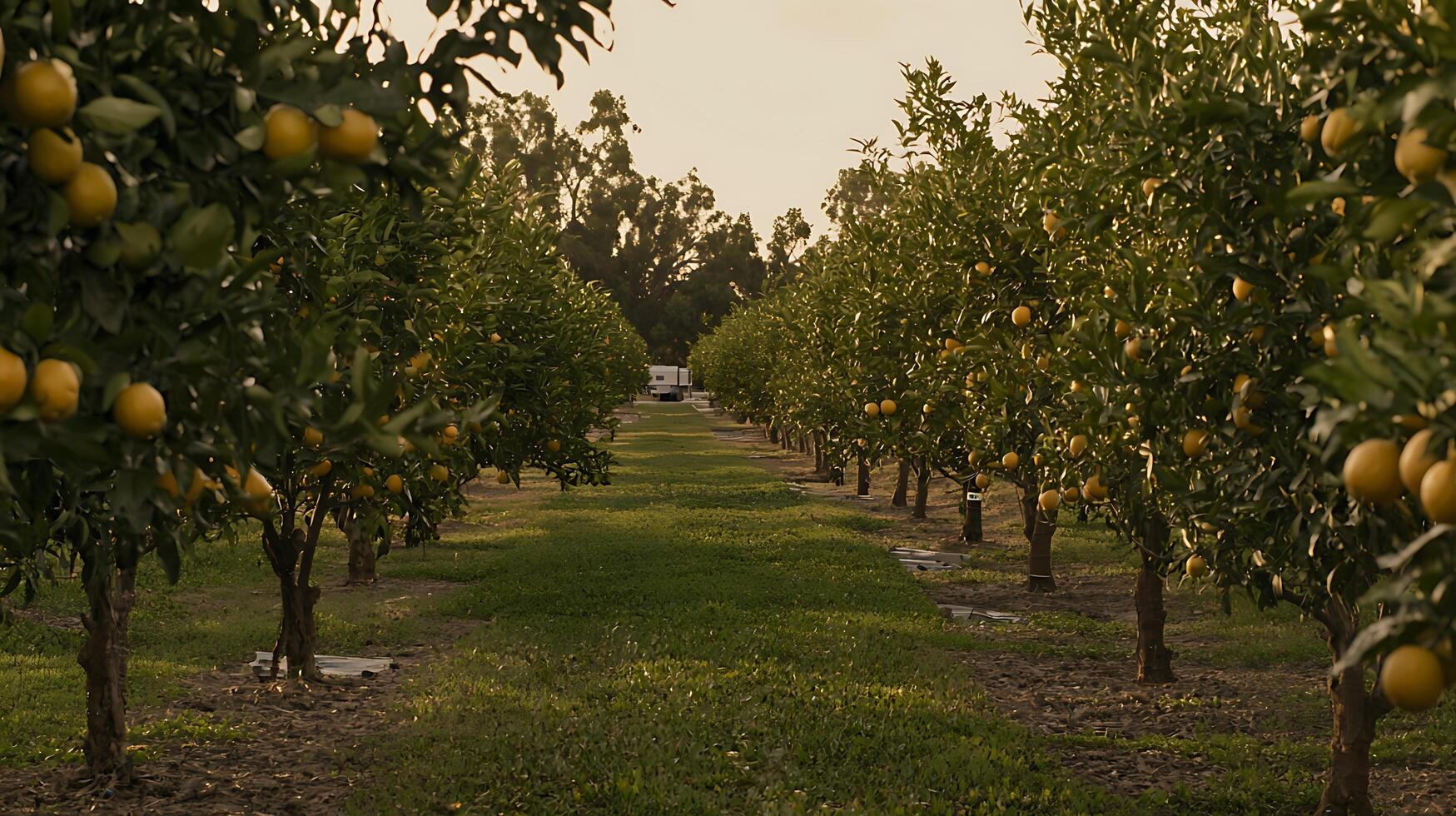 Golden Hour Glow Over Lush Orange Grove Rows. photo