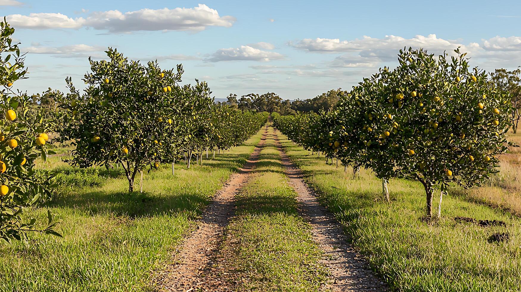 Sunny Citrus Grove Path Leading Through Ripe Fruit Trees. photo