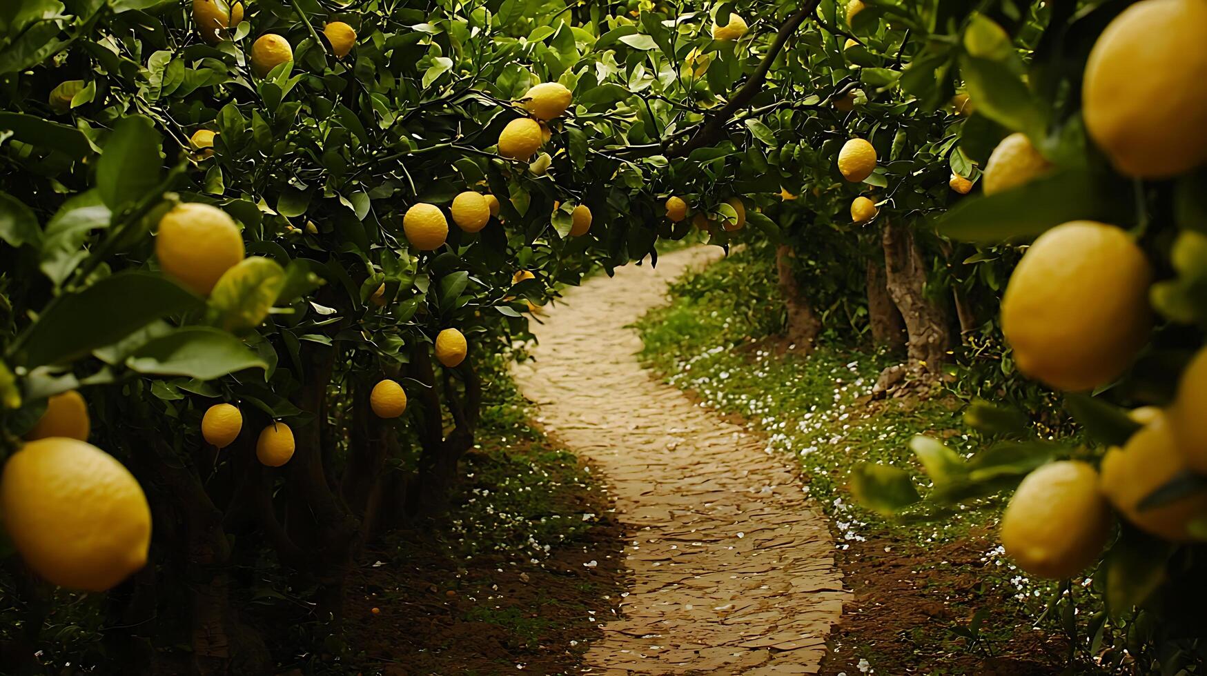 Path through a sunlit lemon grove with ripe fruit abundant. photo