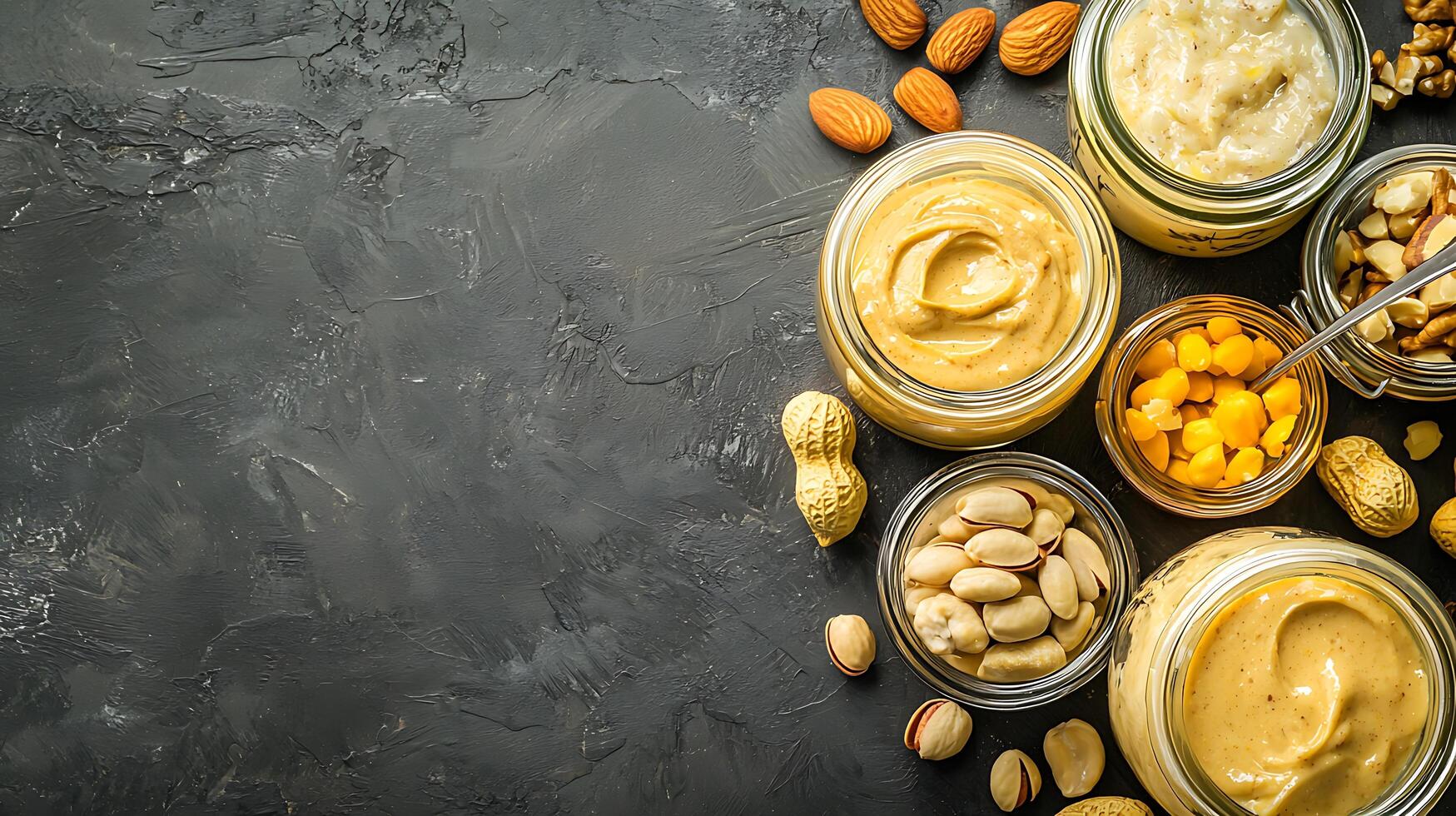 Assortment of Nut Butters and Shelled Nuts on Dark Surface. photo