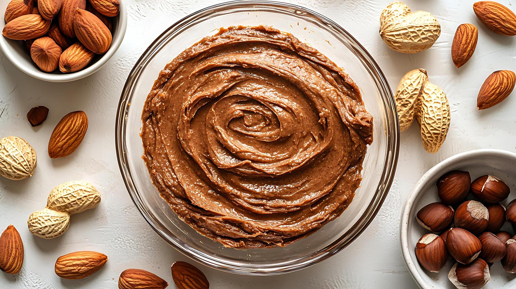 Creamy Nut Butter Swirls with Whole Nuts and Peanuts. photo
