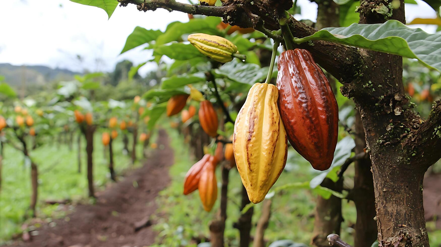 Ripe Cacao Pods on a Branch at a Cocoa Plantation. photo