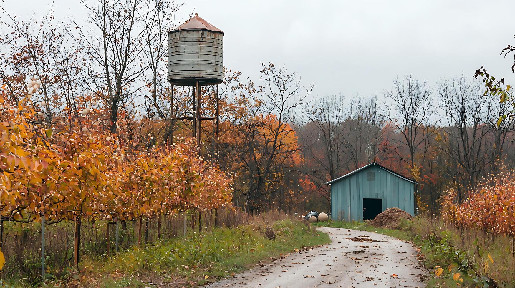 Country Road Leads to Old Barn and Water Tower in Autumn. photo