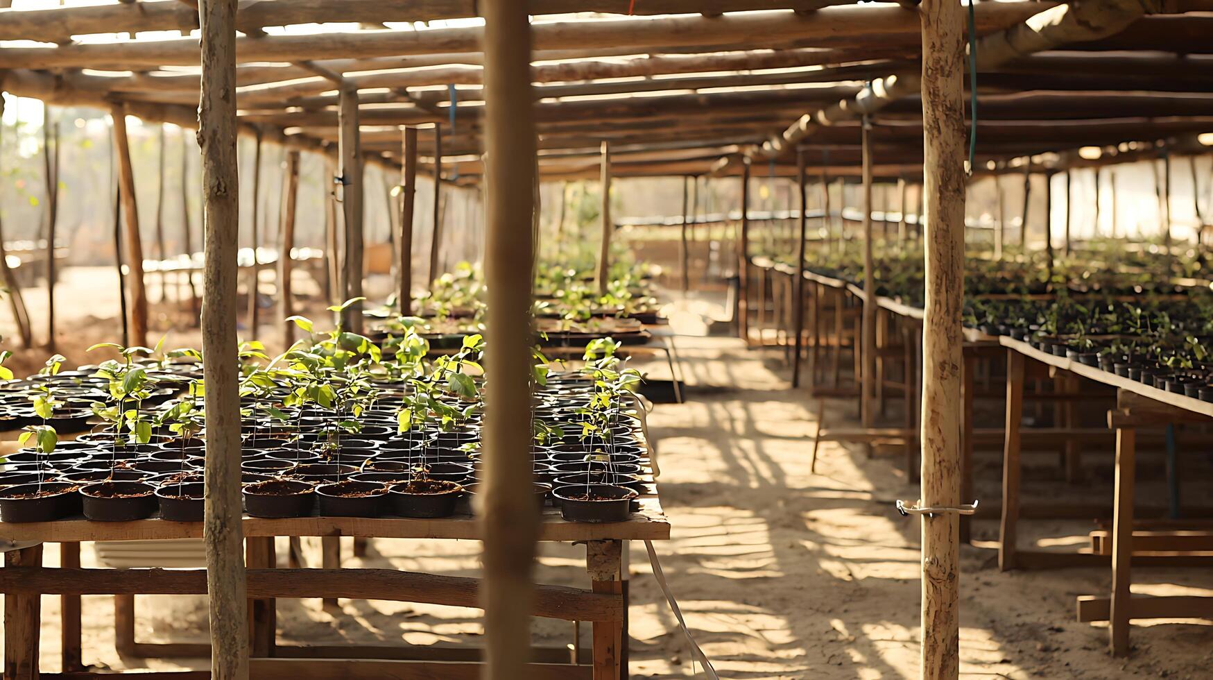 Greenhouse Nursery with Young Plants Growing in Pots Sunlight Streams Through Structure photo