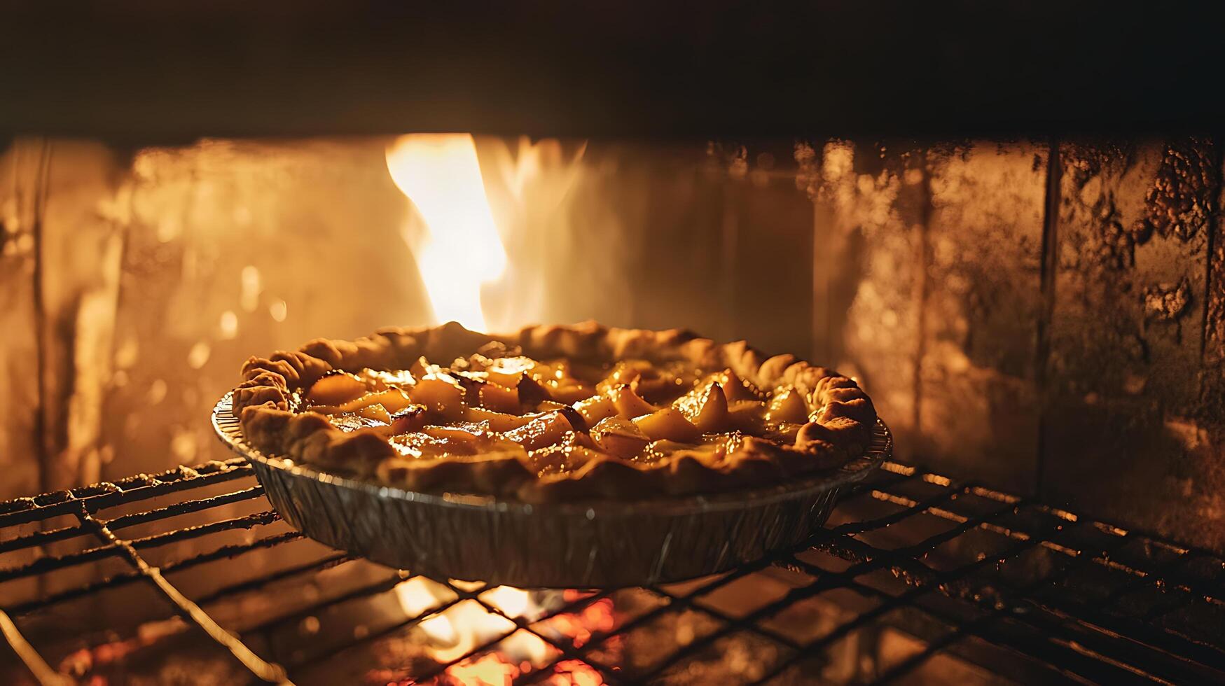 A Golden Peach Pie Baking To Perfection Inside a Warm Oven. photo