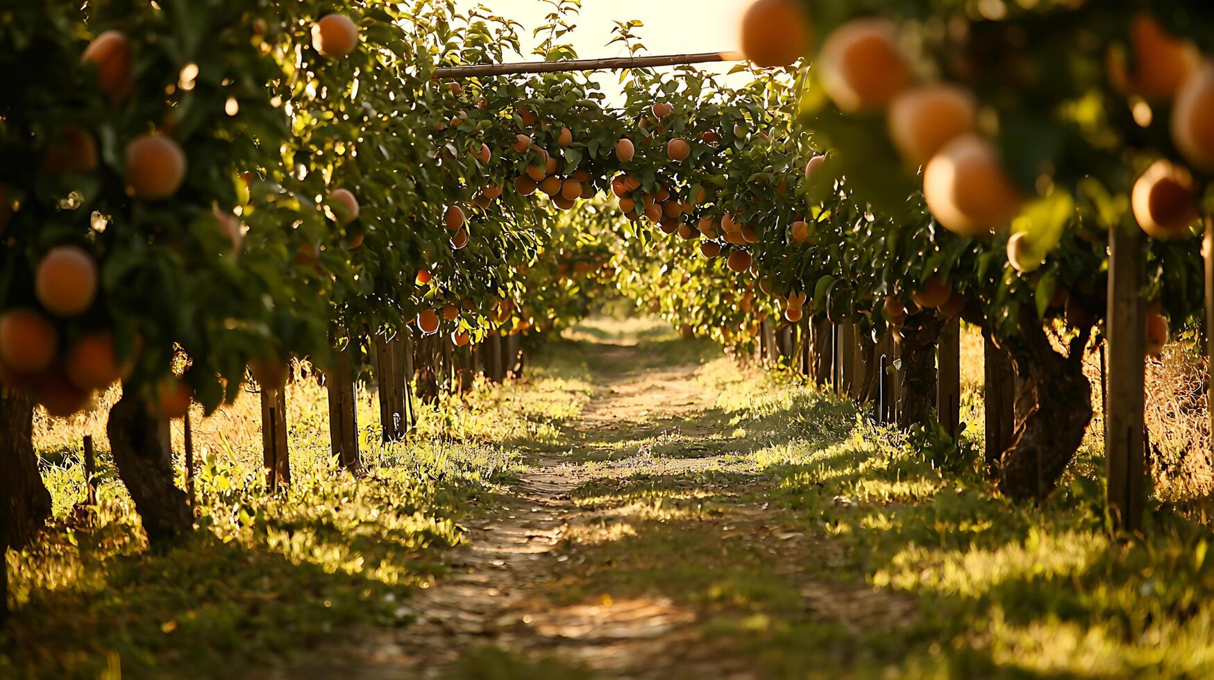 Ripe peaches hang heavy on sunlit branches in an orchard path. photo